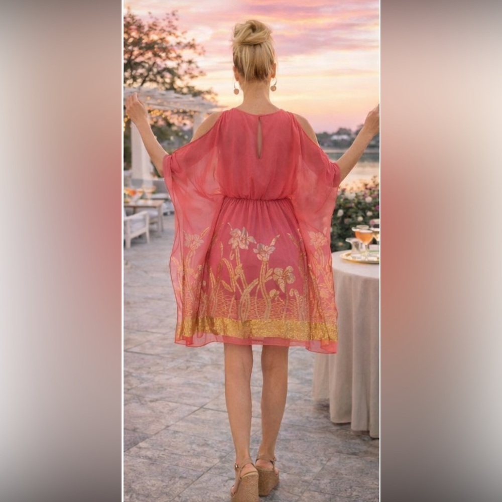Badgley Mischka Pink and Gold Silk  kaftan-style dress